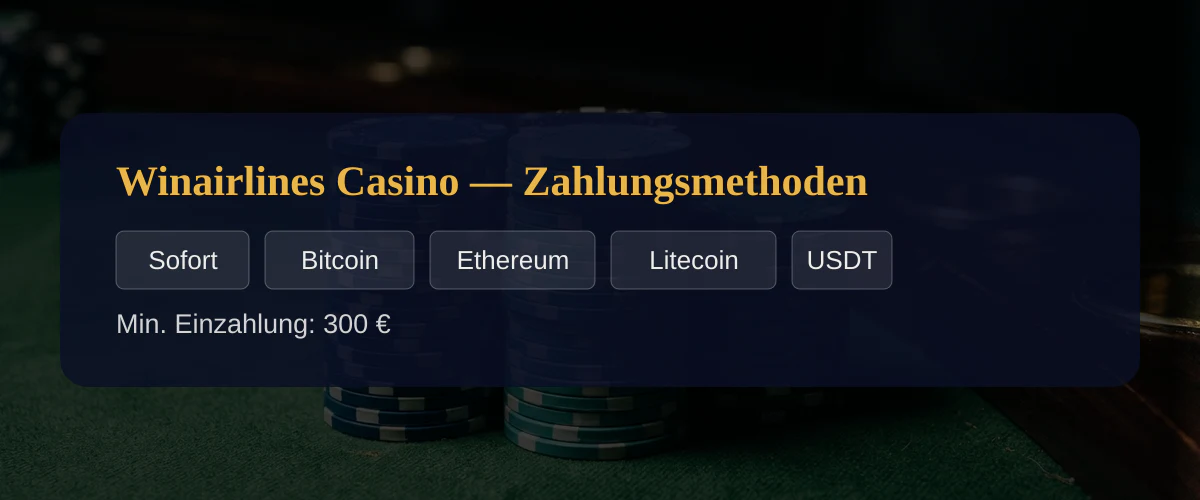 Winairlines Casino — Zahlungsmethoden: Sofort, Bitcoin, Ethereum, Litecoin, USDT