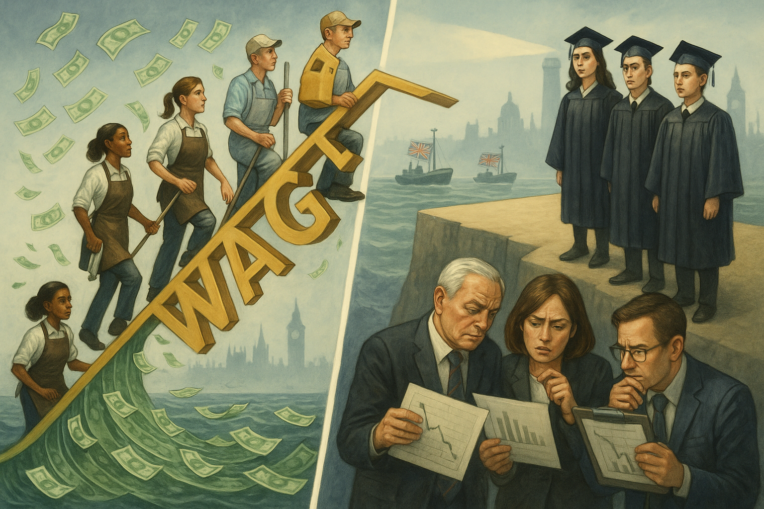 Illustration of UK minimum wage policy impacting graduate salaries and employment