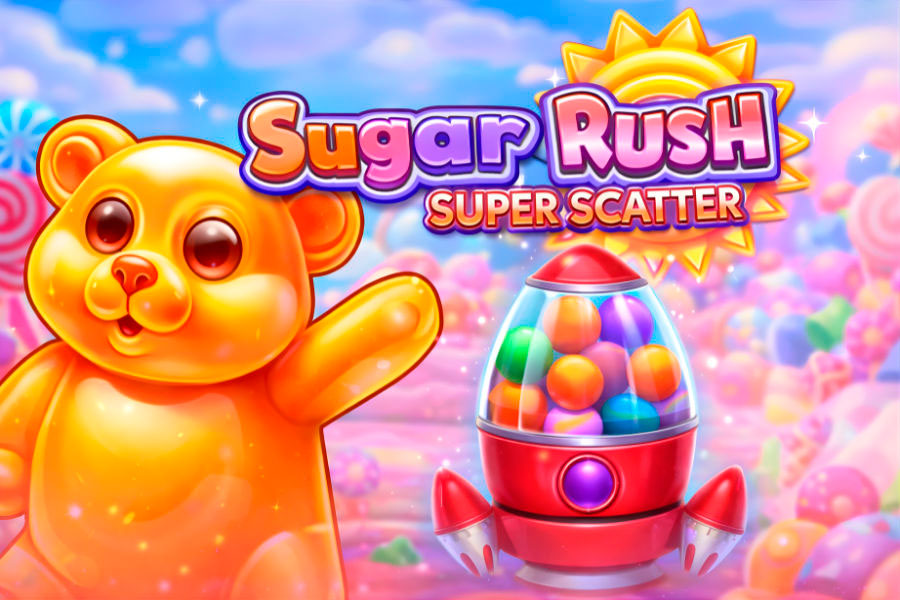 Sugar Rush Super Scatter slot by Pragmatic Play, a 7x7 grid with Cluster Pays and Super Scatter symbols during free spins