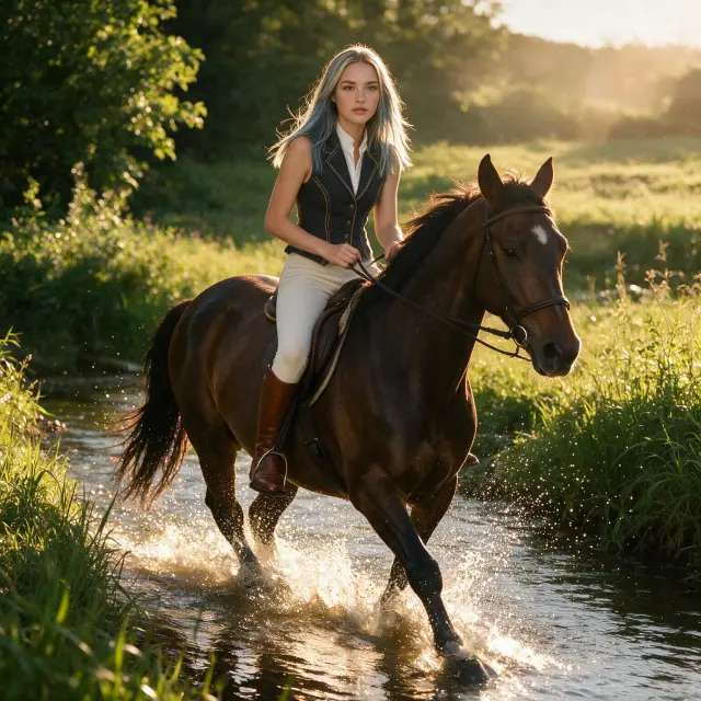 wearing fitted equestrian attire, leather boots, riding breeches, and a tailored vest, riding a horse along a riverbank, splashing water, surrounded by lush greenery, golden hour lighting with sun flare, cinematic composition, realistic texture, high detail, adventurous mood, masterpiece