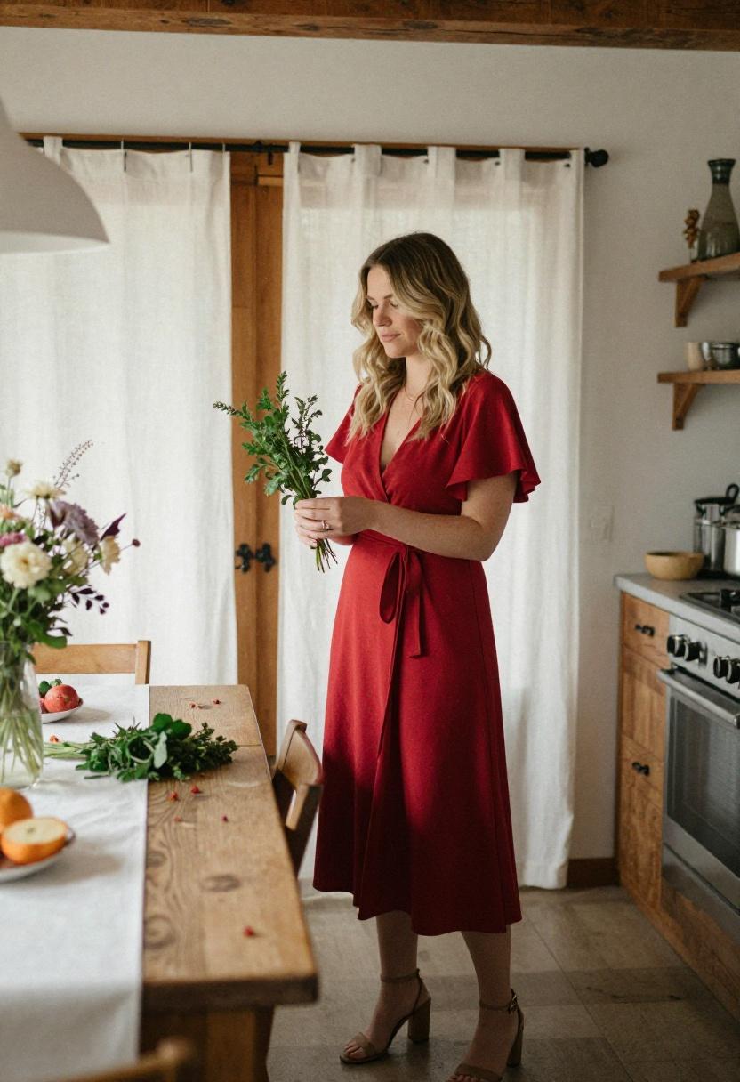 Rich crimson wrap dress with flutter sleeves for cooking class date