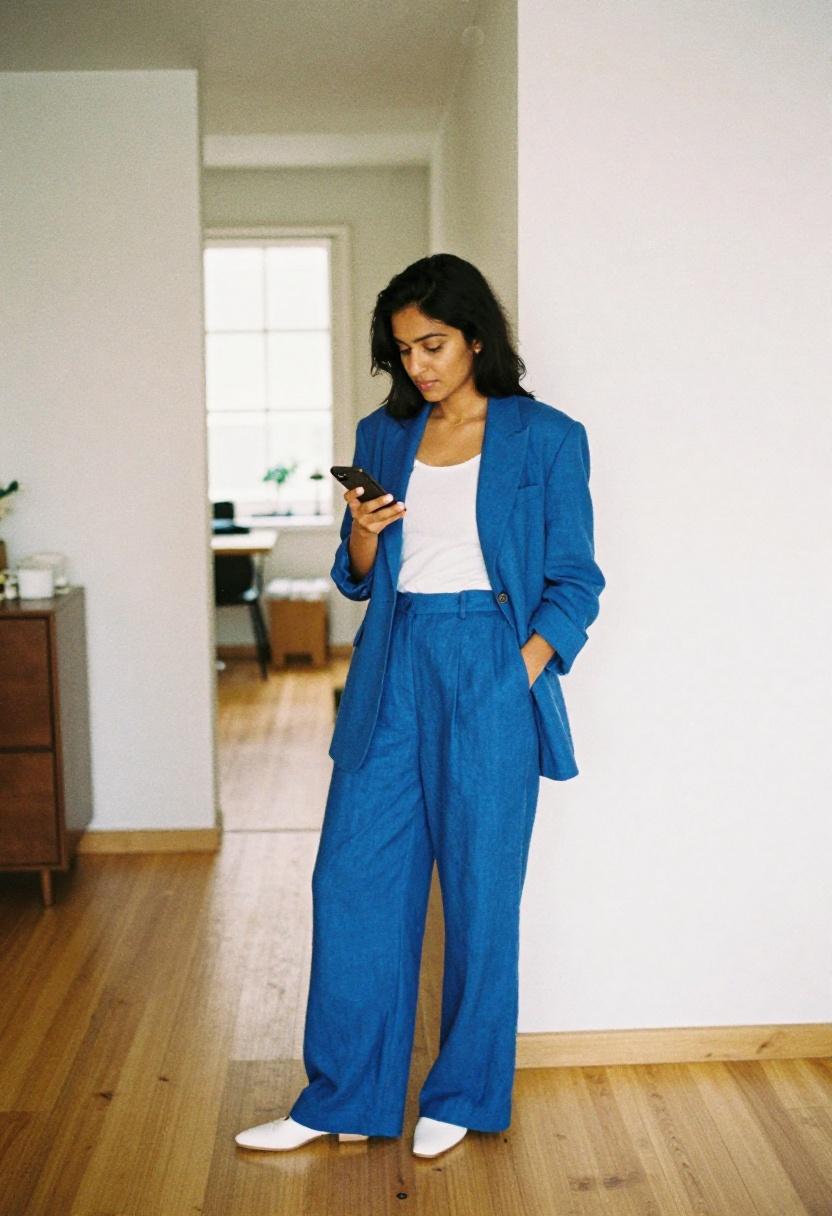 Cobalt blue linen blazer and trouser co-ord set for WFH style