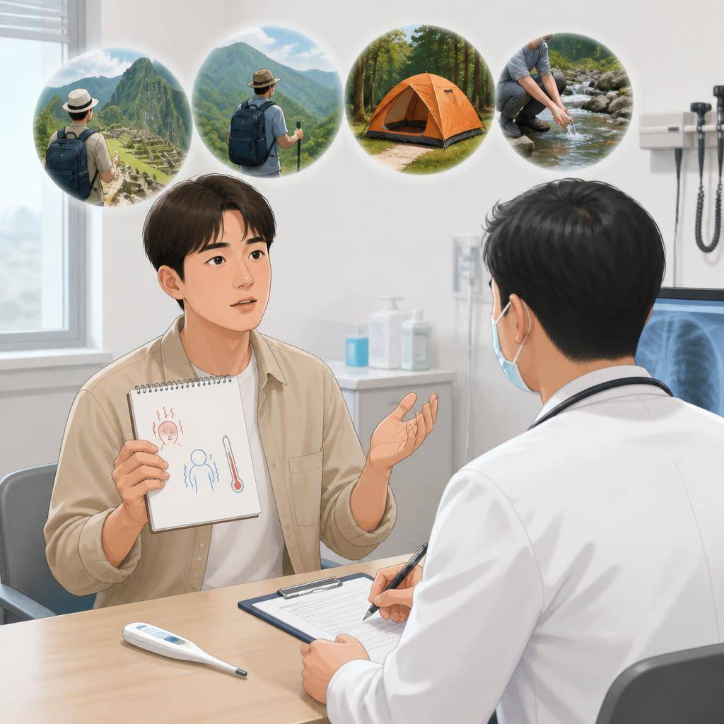 발열과 오한 증상을 기록한 메모를 들고 의료진에게 최근 여행지와 야외활동을 설명하는 한국인