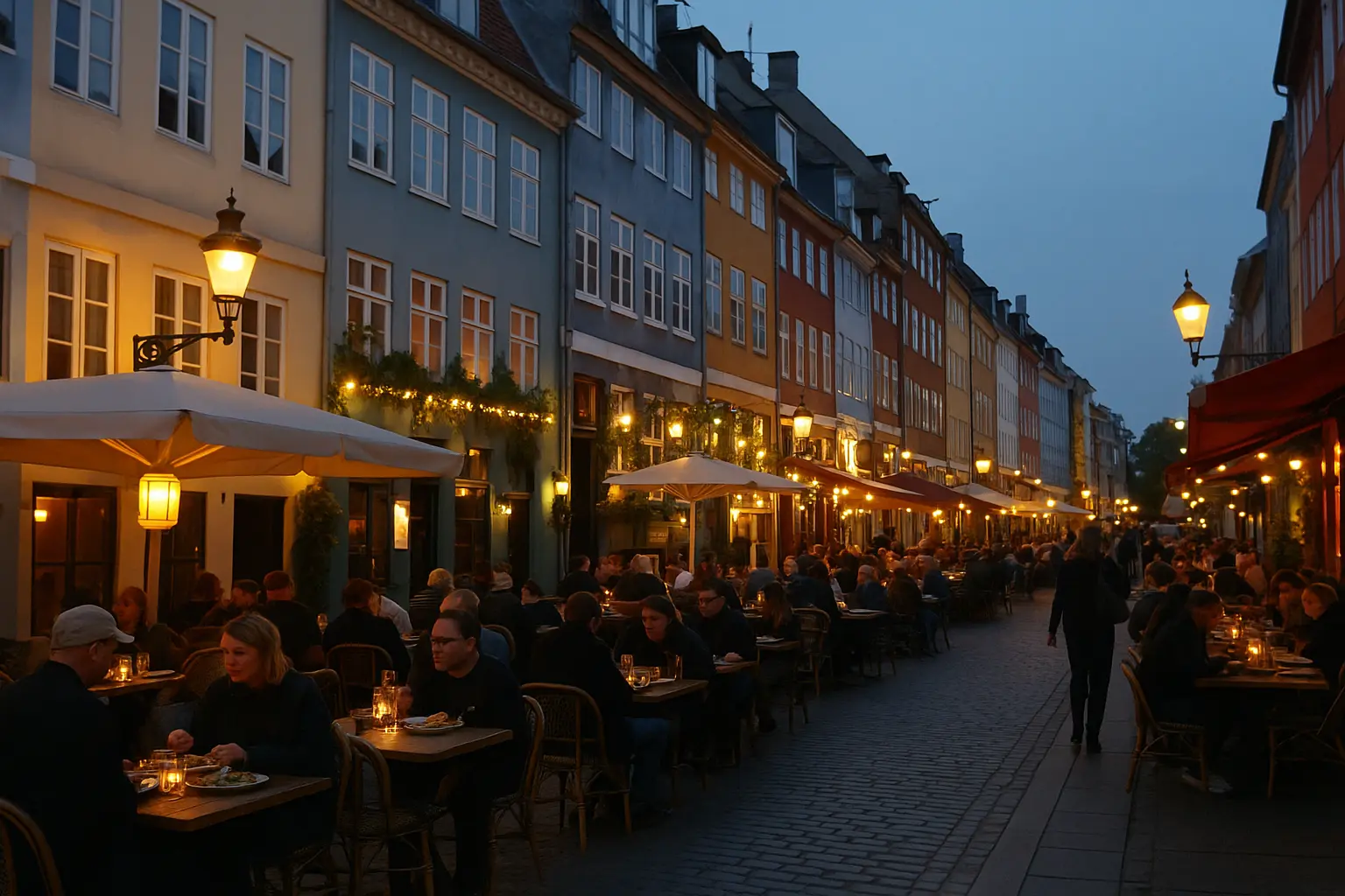 Gade med restauranter og hyggelige caféer på Amager i Danmark.