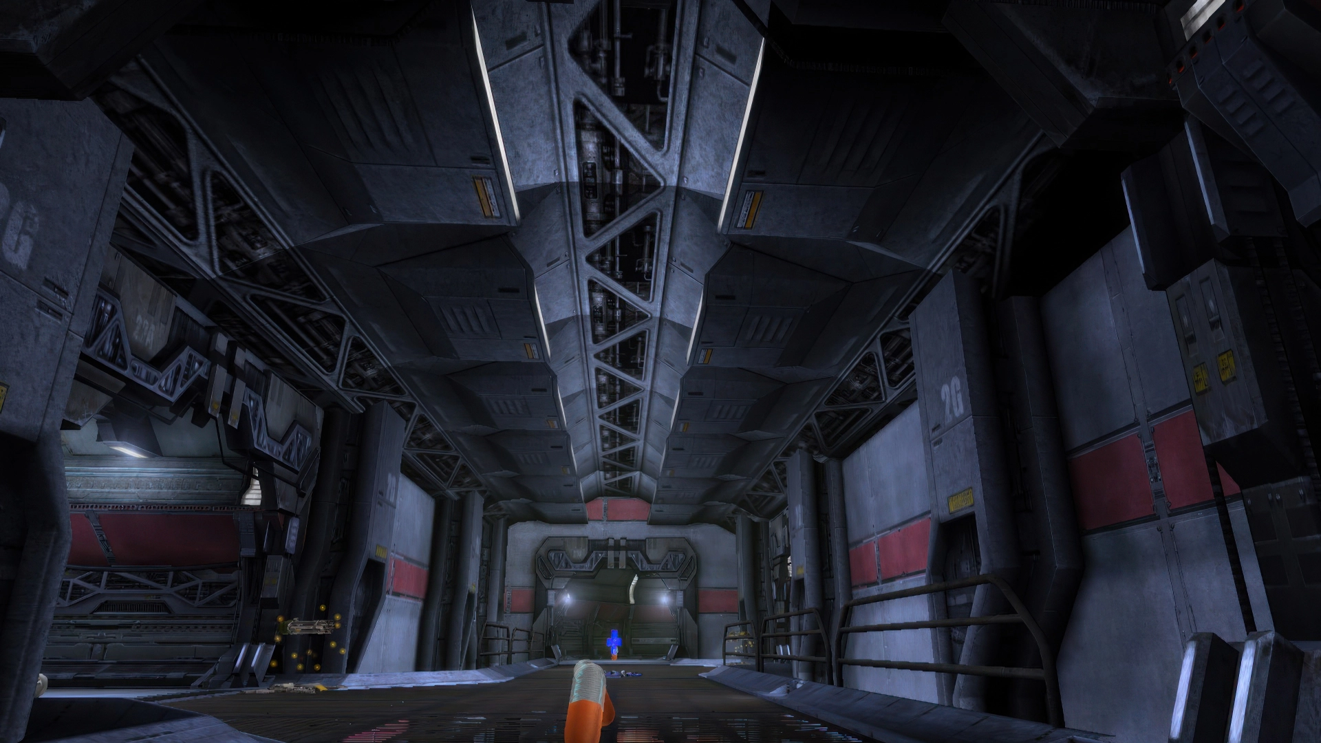 An industrial UT2003 arena with overhead walkways and a pickup