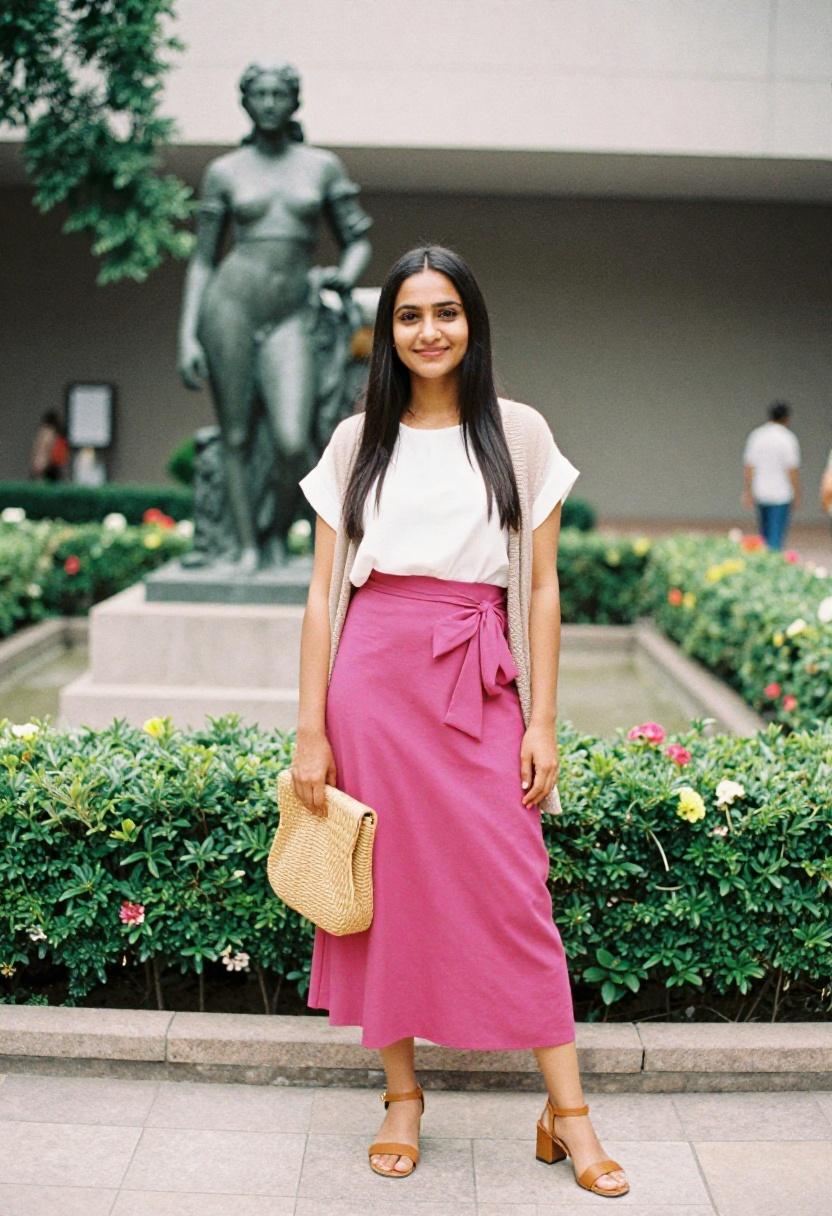 Magenta wrap skirt and woven clutch for Mediterranean-inspired museum terrace look