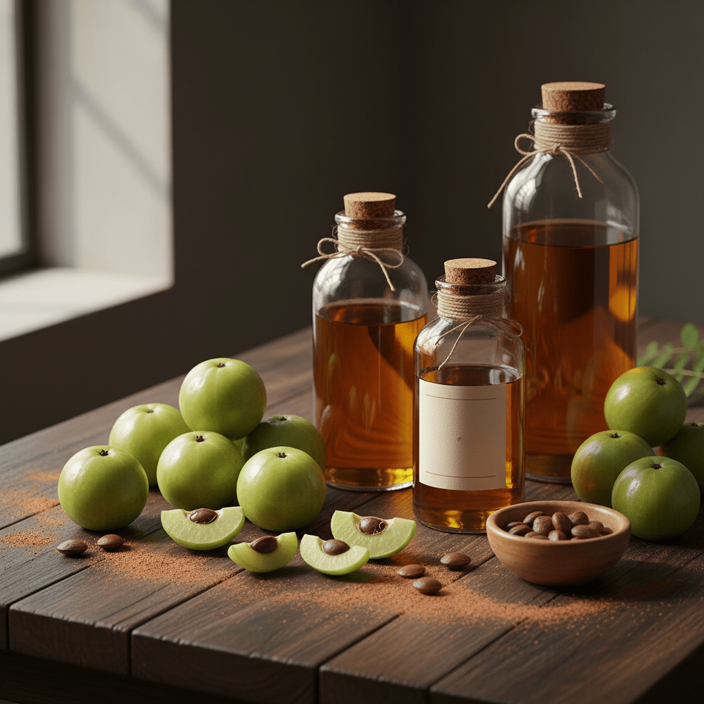 Apothecary-style still life of amla fruits, seeds, and amber oil bottles on a wooden table