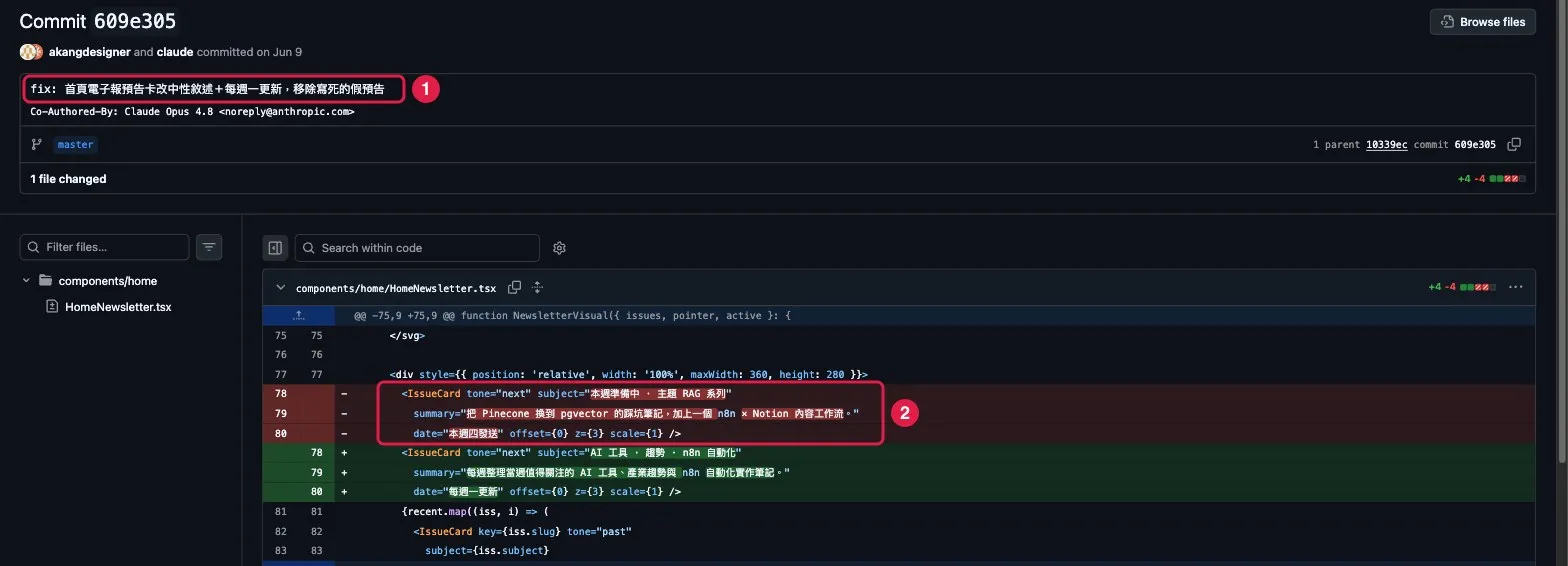 官網 GitHub commit 截圖：①commit 訊息寫移除寫死的假預告 ②被刪掉的三行是不存在的電子報預告「本週準備中・主題 RAG 系列」與「本週四發送」