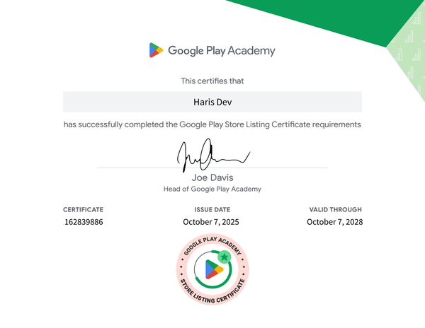 Google Play Academy Store Listing Certificate