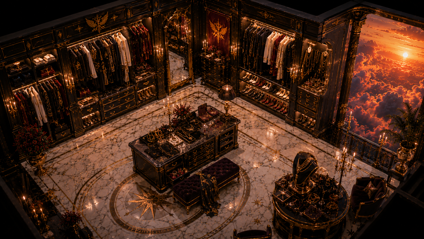 Dressing Room on floor two of Apollo's Skyward Residence, with black and gold wardrobes, shoes, jewelry, mirrors, candles, and sunset view