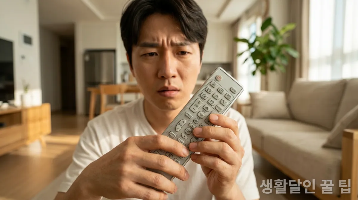 30대 한국인이 다양한 모드 버튼이 있는 에어컨 리모컨을 보고 혼란스러워하는 모습, 미니멀한 거실 배경