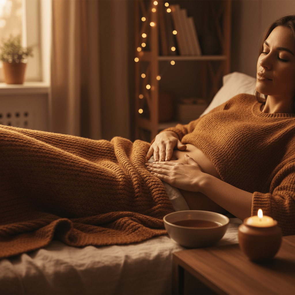 Woman gently massaging lower belly with warm oil at home
