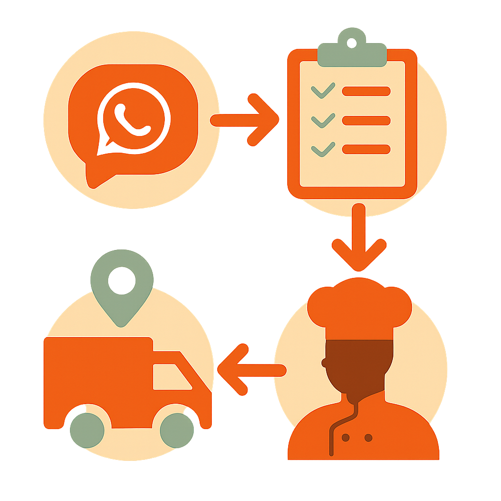 Flowchart illustrating WhatsApp order automation steps from customer message to kitchen and delivery
