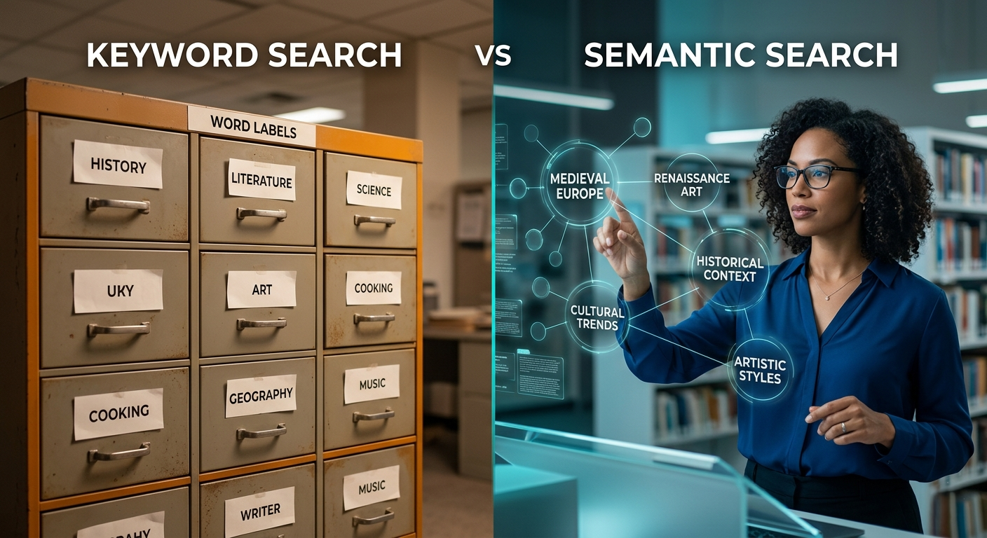 Keyword search vs semantic search comparison showing TF-IDF word matching versus embedding similarity in vector space