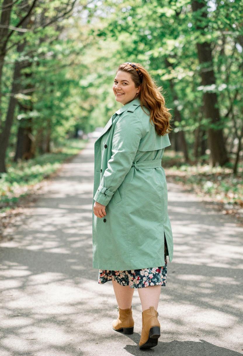 Chartreuse green belted trench coat over floral midi dress forest walk spring