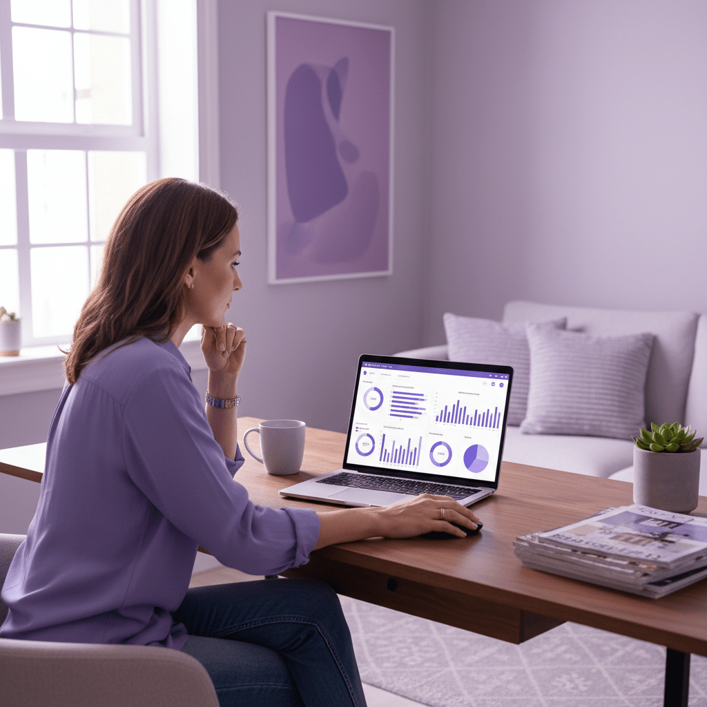 Host reviewing booking KPI charts on a laptop in a stylish rental office