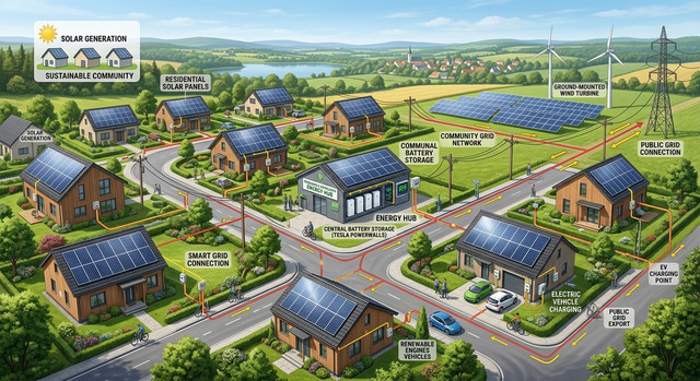 A diagram illustrating a renewable energy community where houses with solar panels share power.