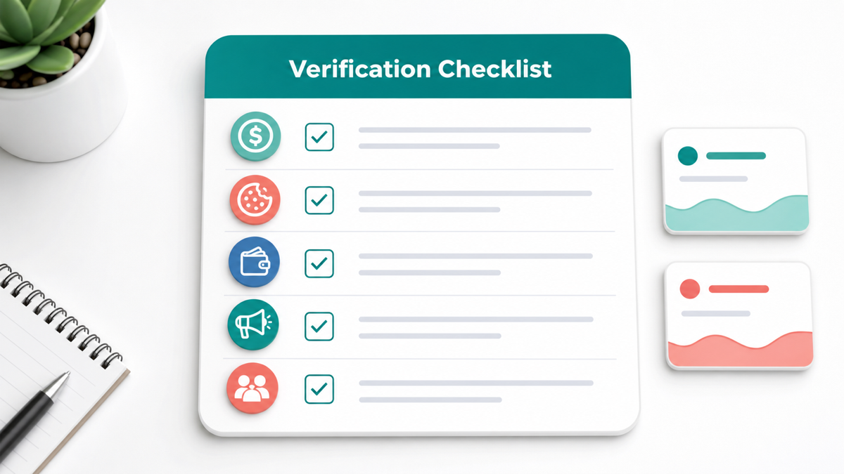 Verification checklist graphic for affiliate program terms and source checks