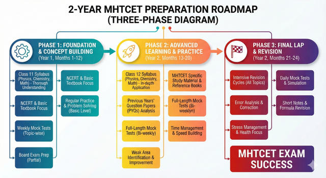 A three-phase diagram illustrating the 2-year MHTCET preparation roadmap