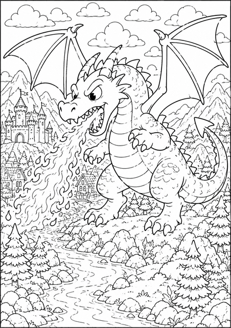 Printable Little Fire Dragon Adventure colouring page for kids