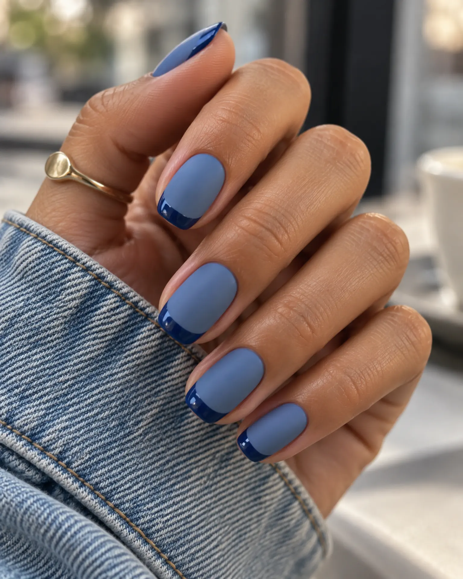 Blue Matte + Gloss Tip manicure inspiration for blue nail ideas