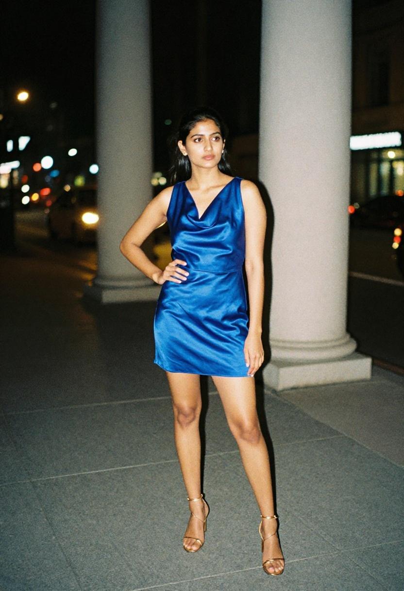 Cobalt blue satin mini dress glowing under city lights for a night out
