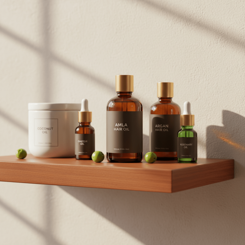 Amla oil and other hair oils on a bathroom shelf