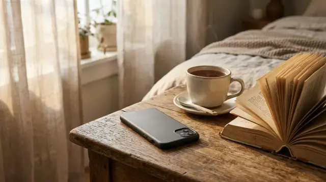Smartphone placed face-down on wooden nightstand beside tea and open book, calm morning light