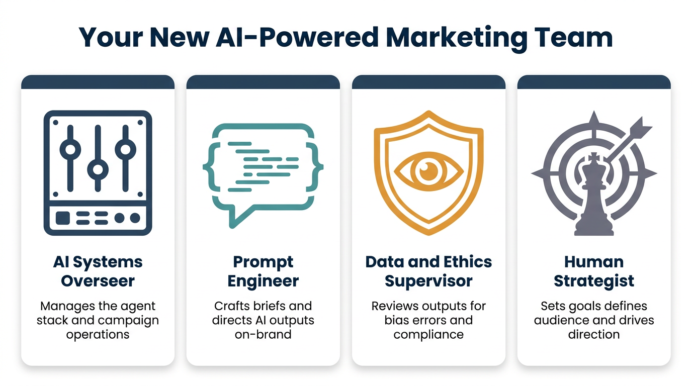 Four-role icon grid illustrating the new AI-powered marketing team structure: AI Systems Overseer, Prompt Engineer, Data and Ethics Supervisor, and Human Strategist