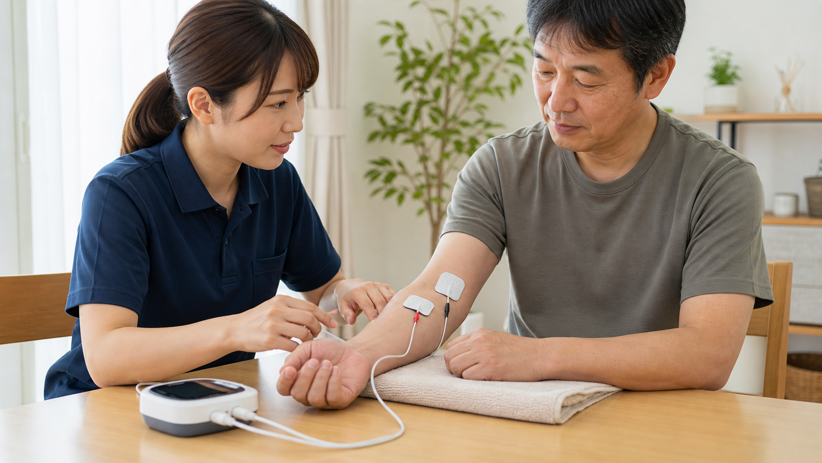 脳卒中後の上肢のしびれに対して前腕へTENSを用いながら反応を確認している場面