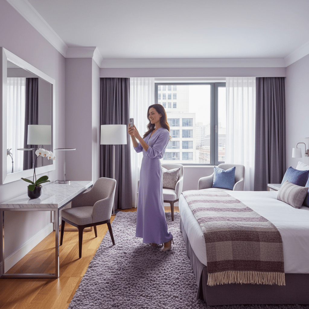A stylish hotel guest taking a candid room photo with phone in a bright modern suite