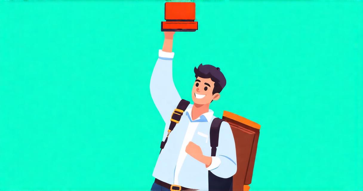 a bright-eyed young college graduate with a casual half-tucked shirt, a backpack slung over one shoulder, and an easy grin, holding a rubber stamp high overhead about to bring it down with a satisfied smirk