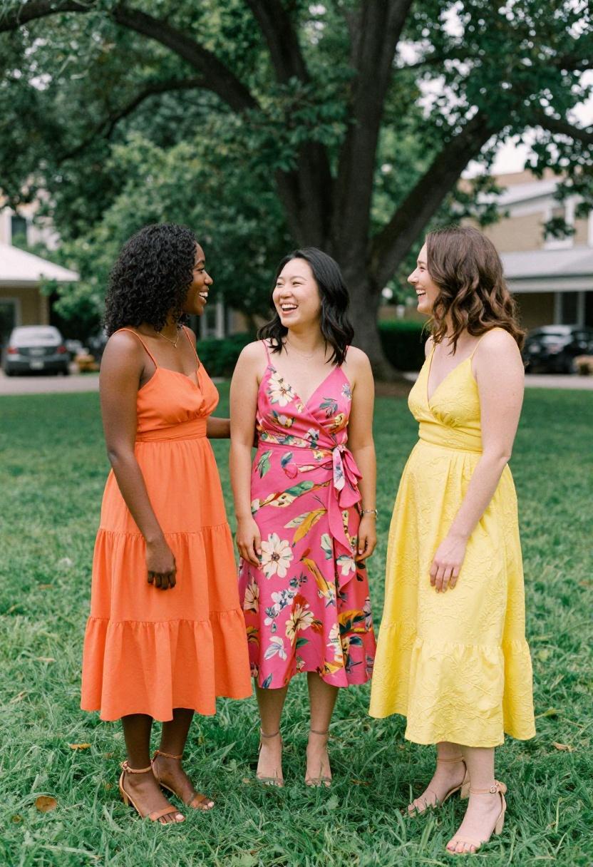 Bold summer wedding guest looks in tangerine, fuchsia, and yellow for outdoor ceremonies