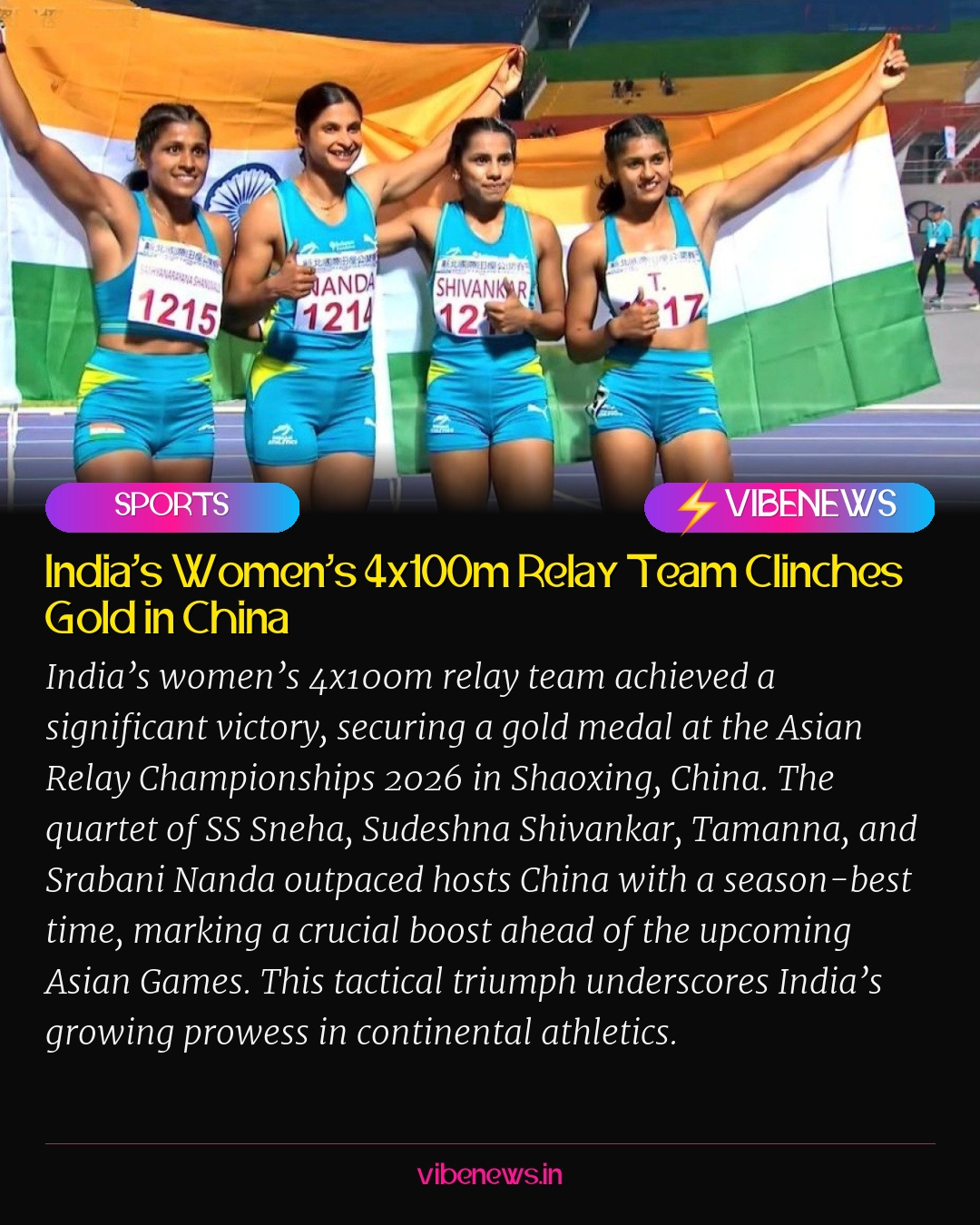 India’s Women’s 4x100m Relay Team Clinches Gold in China