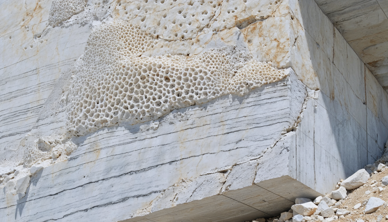 A cross-section of porous limestone bedrock embedded with fossilized coral, meeting the edge of a poured concrete foundation, lit by low afternoon sun.