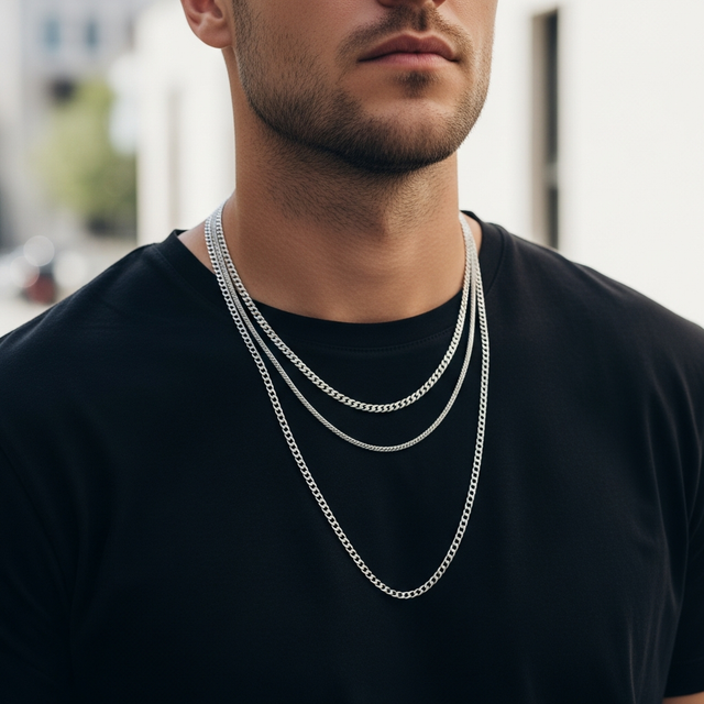 Bărbat modern purtând o combinație de mai multe lanțuri de argint peste un tricou negru simplu, ilustrând trendul de layering.