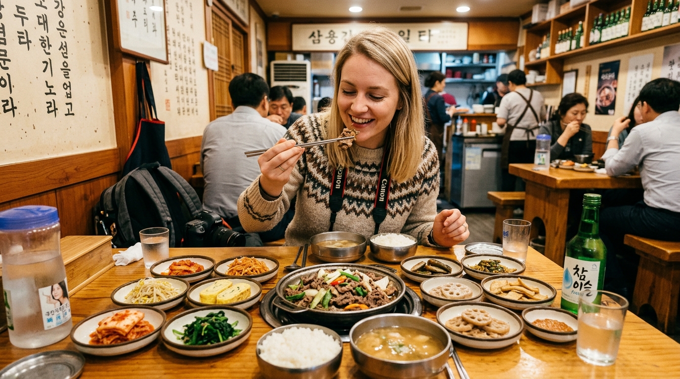 A traveler eating at a traditional Korean restaurant with multiple banchan dishes on the table