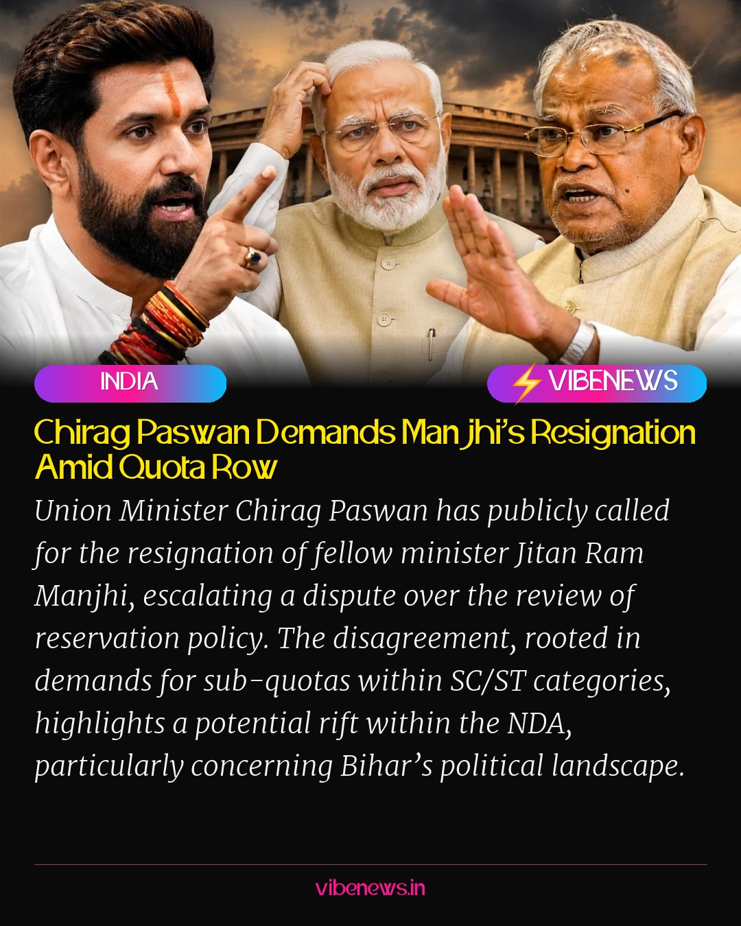 Chirag Paswan Demands Manjhi’s Resignation Amid Quota Row