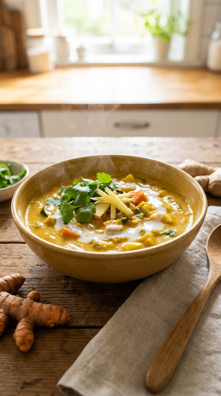 A bowl of creamy coconut and vegetable curry from our list of turmeric and ginger recipes