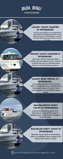 Are you searching for an exceptionally good time in St Petersburg? Our luxury yacht charter in St Petersburg is one of the best solutions that we have in store for you. There are some absolutely stunning coastal regions that you will be able to cruise through while taking in everything else that is offered onboard the luxurious yachts and relaxing comfortably in every sense. They would suit you perfectly whether you were planning a celebration, had planned a sunset cruise or anything else. Luxury yachts offer amazing services and class.
Visit as: https://badabingyachtcharters.com/