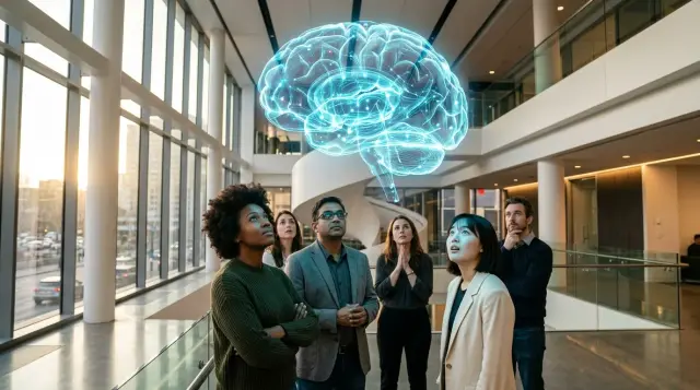 Diverse crowd gazing up at glowing neural network hologram in modern atrium, contemplative mood