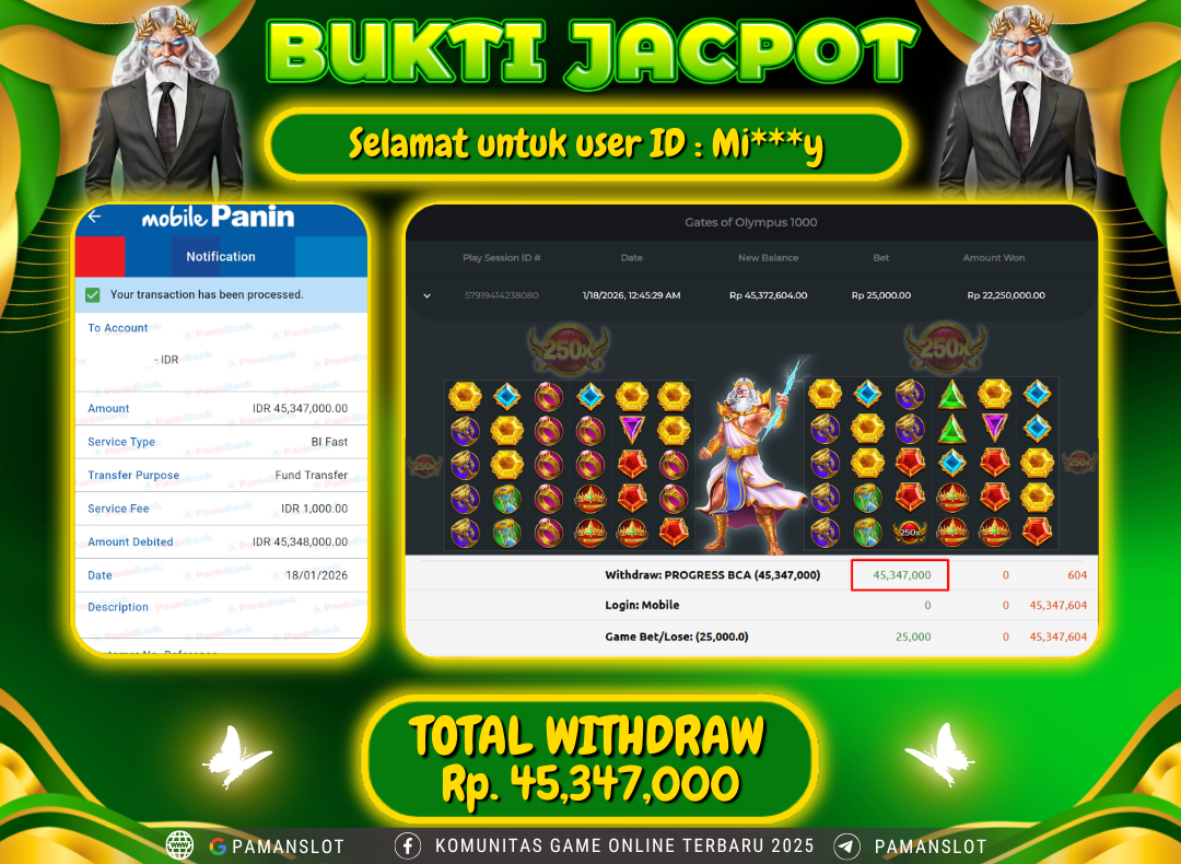 PAMANSLOT JACKPOT Game PP - Gates of Olympus 1000 Rp.45,347,000- LUNAS
