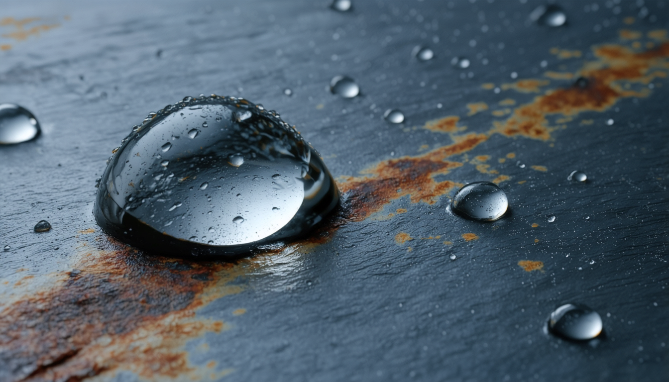 Close-up of condensation droplets forming on a cold iron surface, with one droplet about to fall.