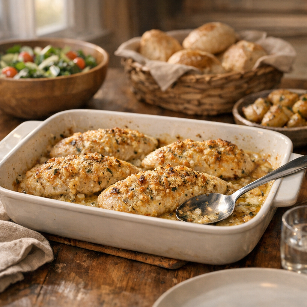 Easy Garlic Parmesan Chicken Bake (Crispy & Juicy) finished dish