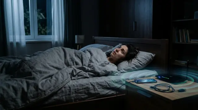 Restless person lying awake in dark bedroom surrounded by glowing electronic devices