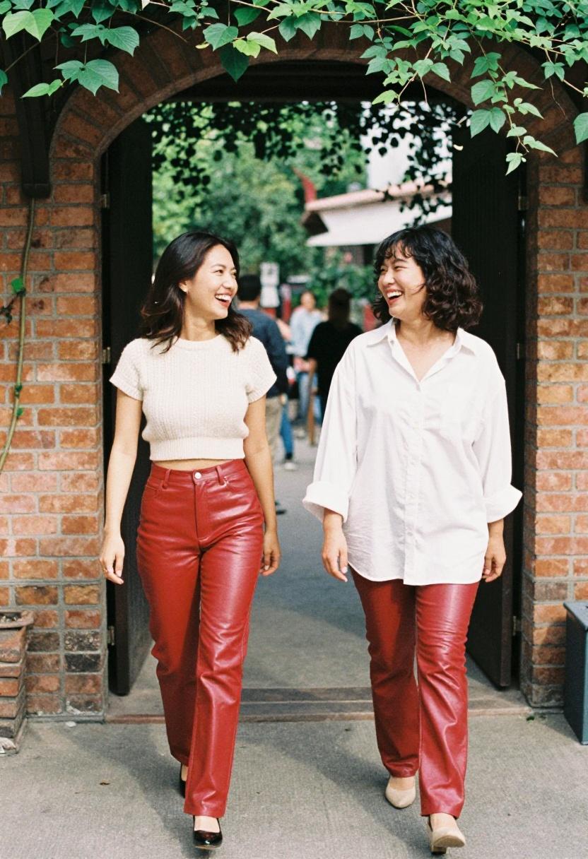 Two friends in matching cherry red faux leather pants laughing together on a sunny patio