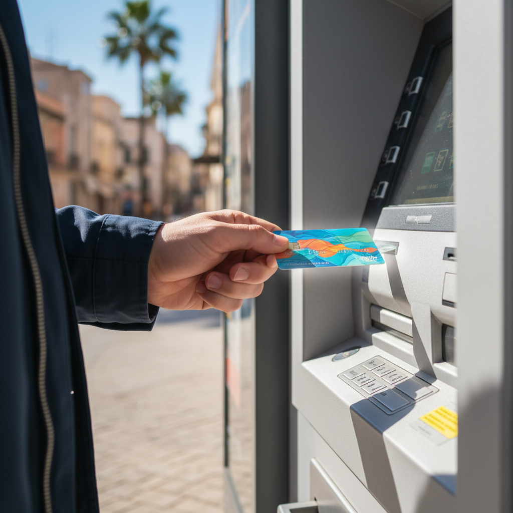 해외 거리에 위치한 현지 ATM 기기에서 카드로 현금을 인출하는 모습