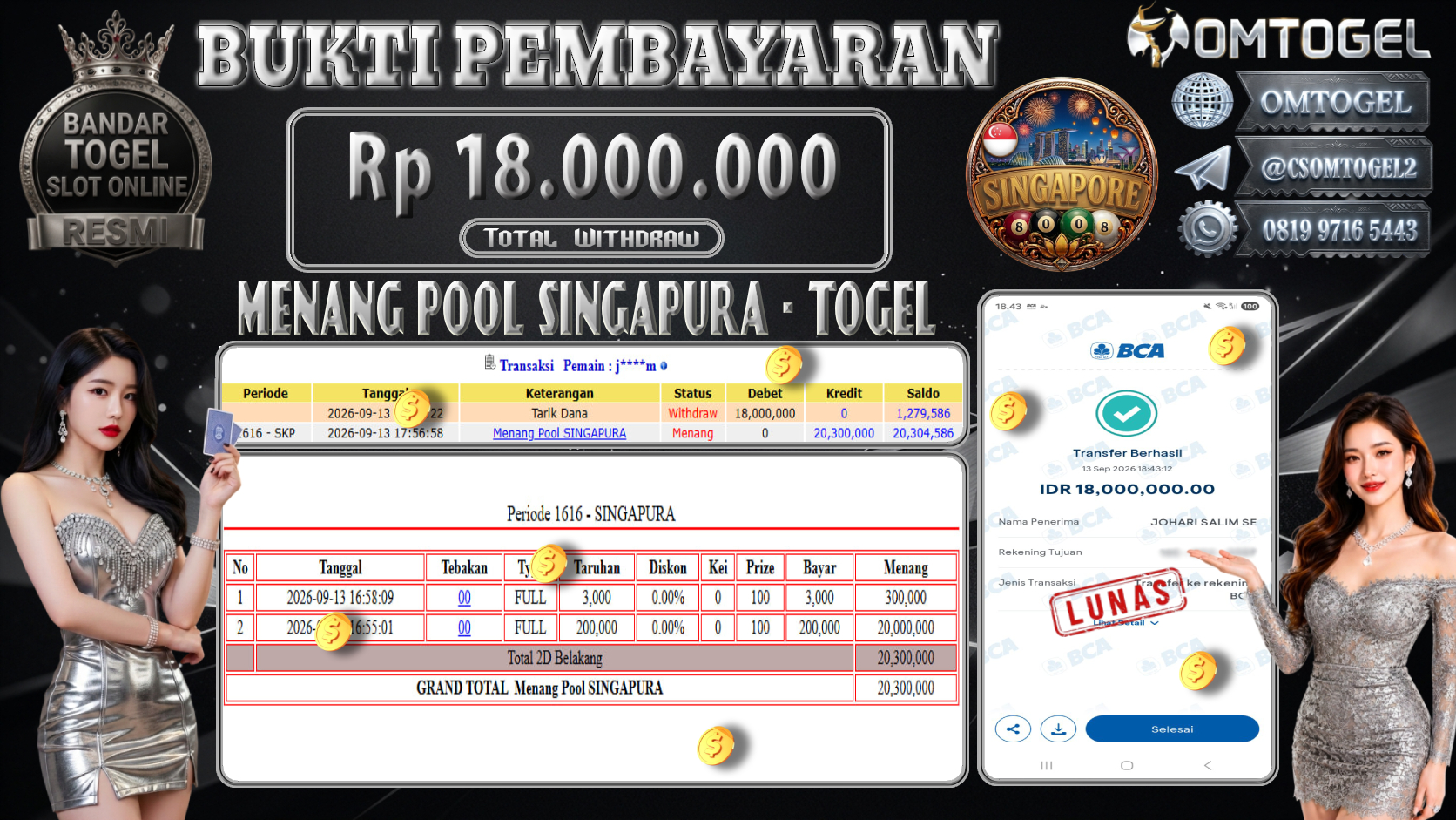 OMTOGEL JACKPOT MENANG TOGEL POOL SINGAPURA Rp.18,000,000,- DIBAYAR LUNAS