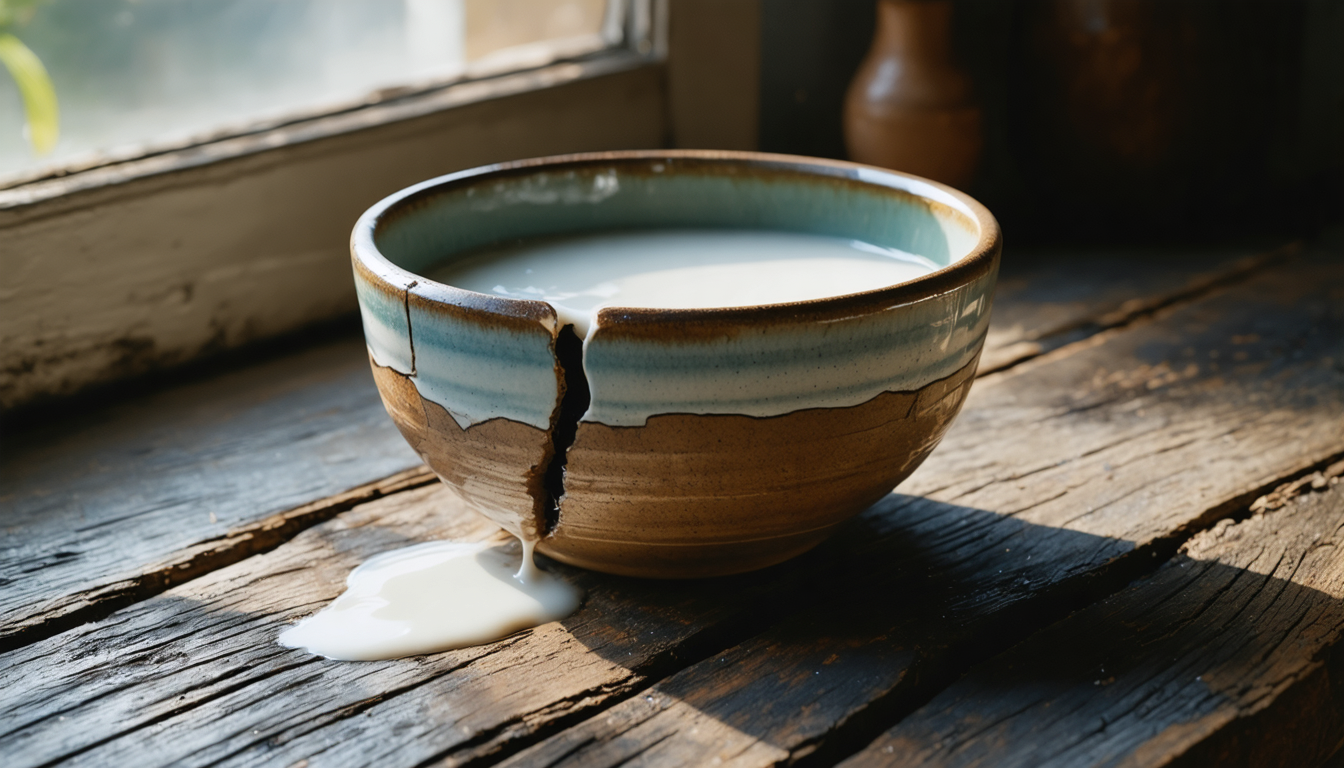 A ceramic bowl with a visible crack along its side, milk seeping through the fault line and pooling on a dark wooden surface beneath it.