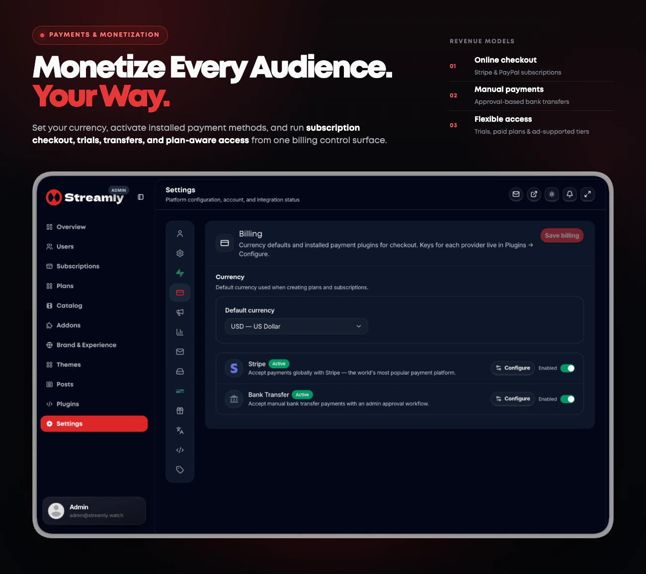 Streamly payments and monetization settings with currency controls, active Stripe checkout and approval-based bank transfers